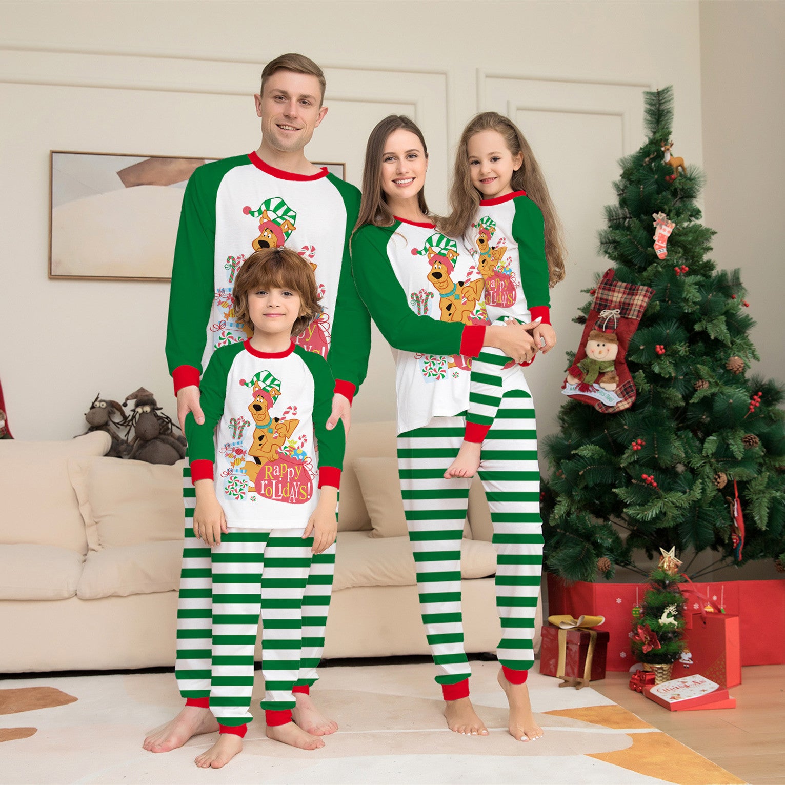 Green Cartoon Striped Long Sleeves Festival Vêtements de maison Pajamas