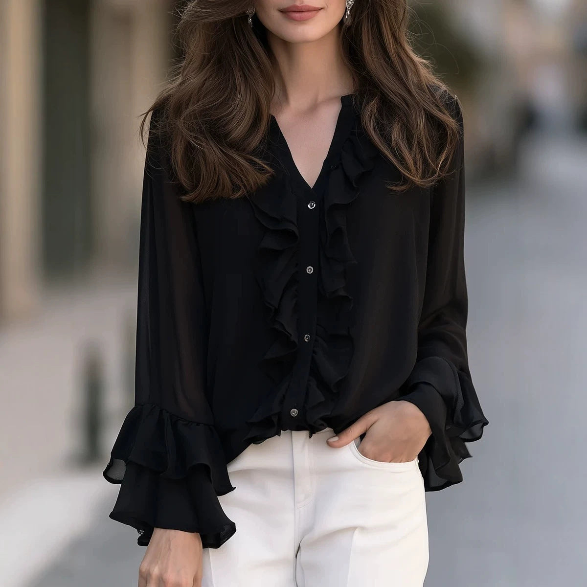 Collier retro-style d'arrivée étouffé et blouse d'ourlet flottante pour femmes