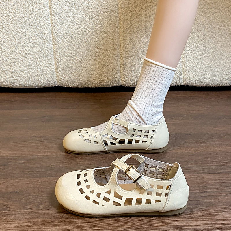 Femmes Vintage Hollow Grid Cutout Flat Shoes Matching Daily