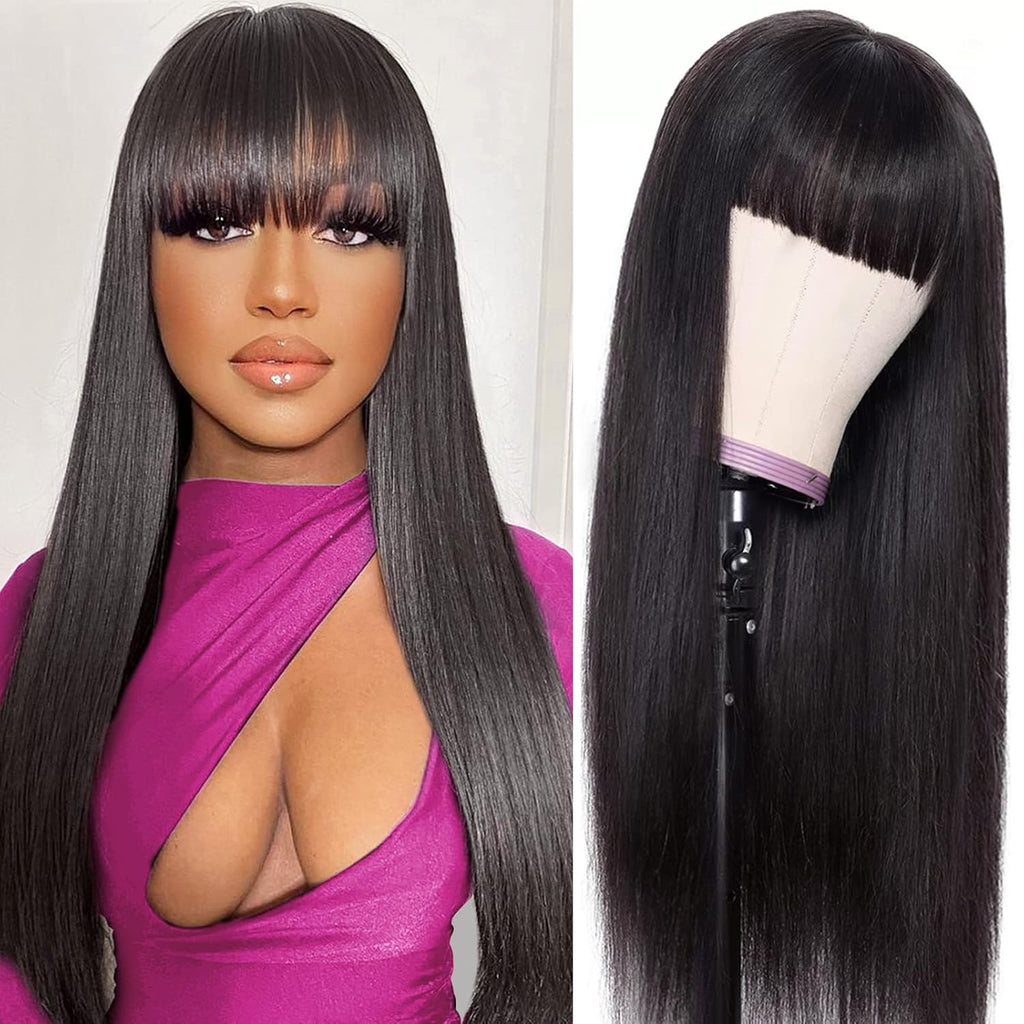 Perruque droite de cheveux humains faite à la machine avec des bangs