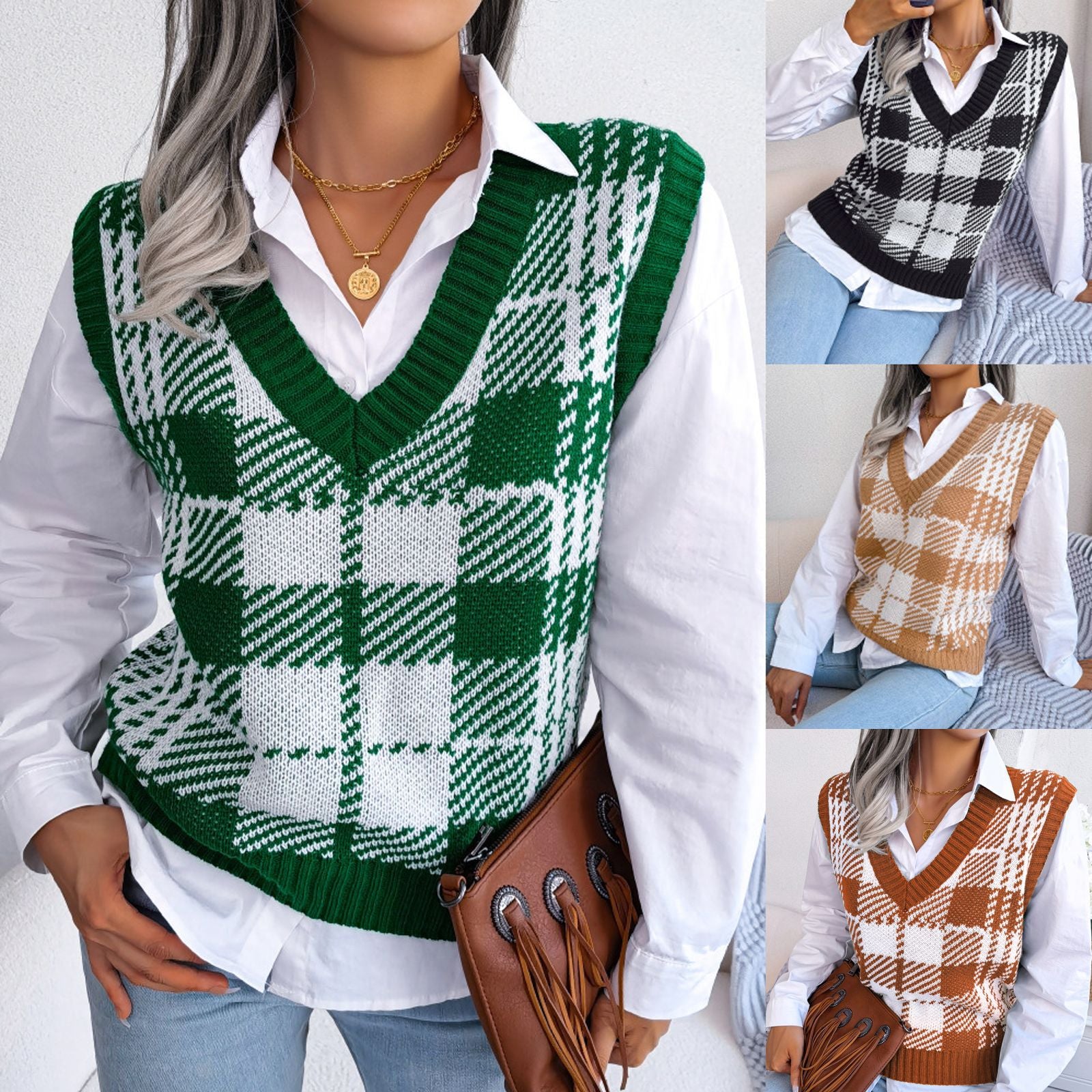 Bloqué de couleur Plaid Veste tricotée Pantoufle pour femmes
