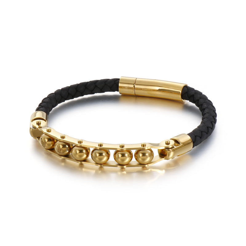 Bracelet en cuir tressé en acier inoxydable rotatif pour homme