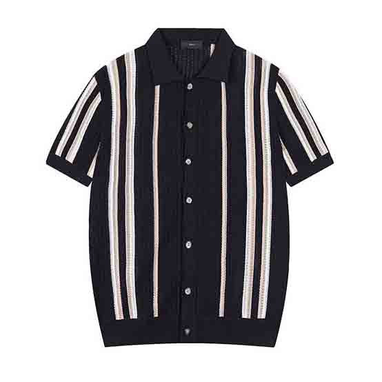 T-shirt de style préppy à rayures à col laque pour hommes