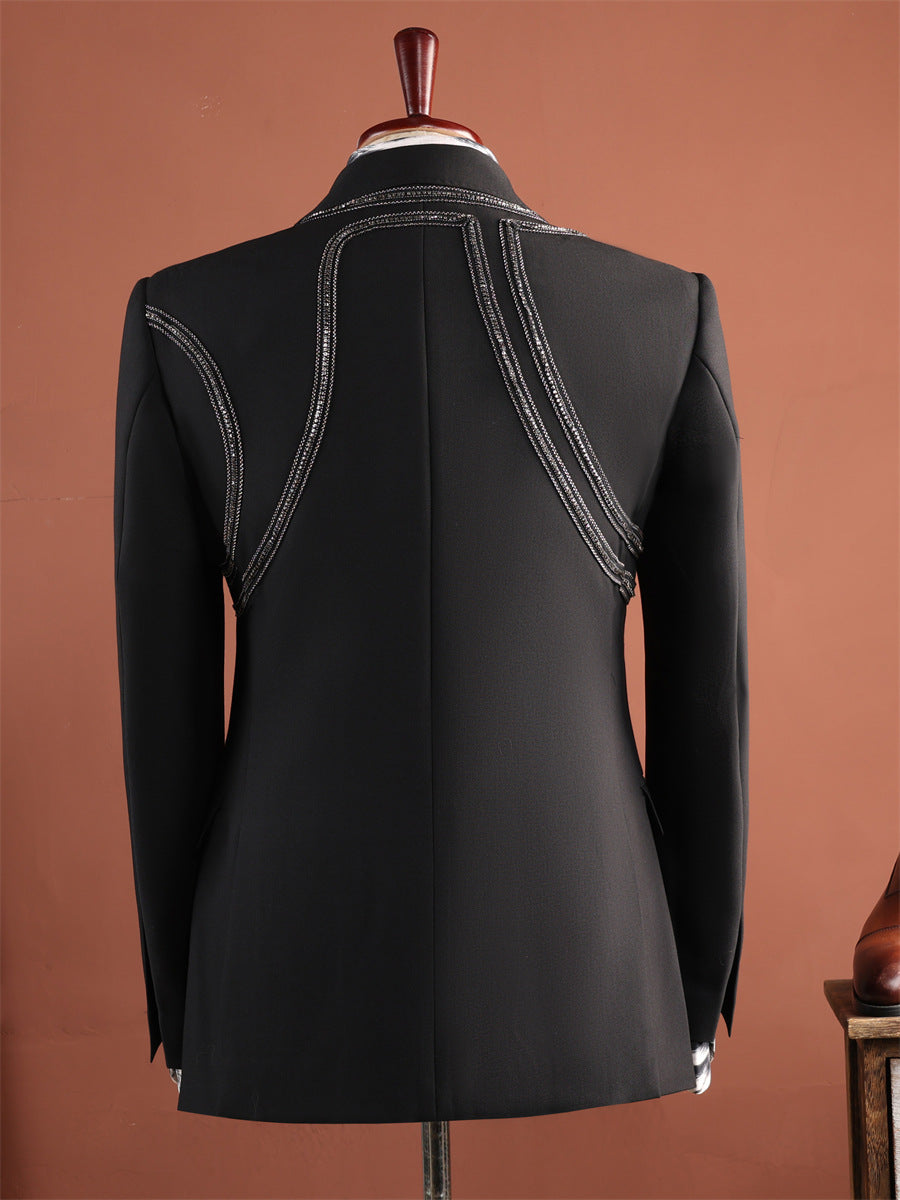 Homme Black Peak Lapel Chaîne Détail 2 pièces Ensemble de pantalons Gurkha