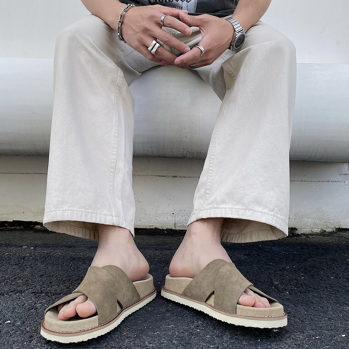 Shiny Cow Suede Summer Men's Genuine Leather