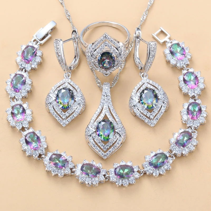 Boucles d'oreilles pendentif en pierre gemme incrustées Collier et anneau pour femmes 4 PCs Set