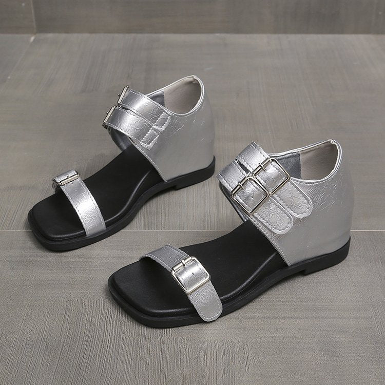 Bottes de sandales pour femmes à talons de haies ouvertes carrées à boucle unique rétro