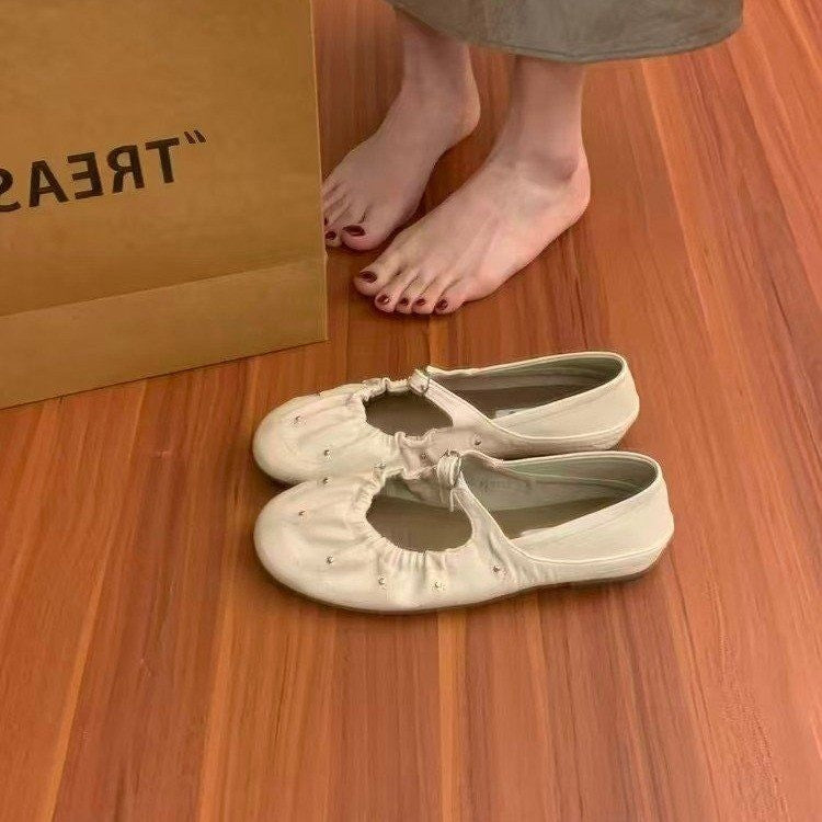 Chaussures de grand-mère en cuir souple à plat retro orteil souple printemps polyvalent et non lassant
