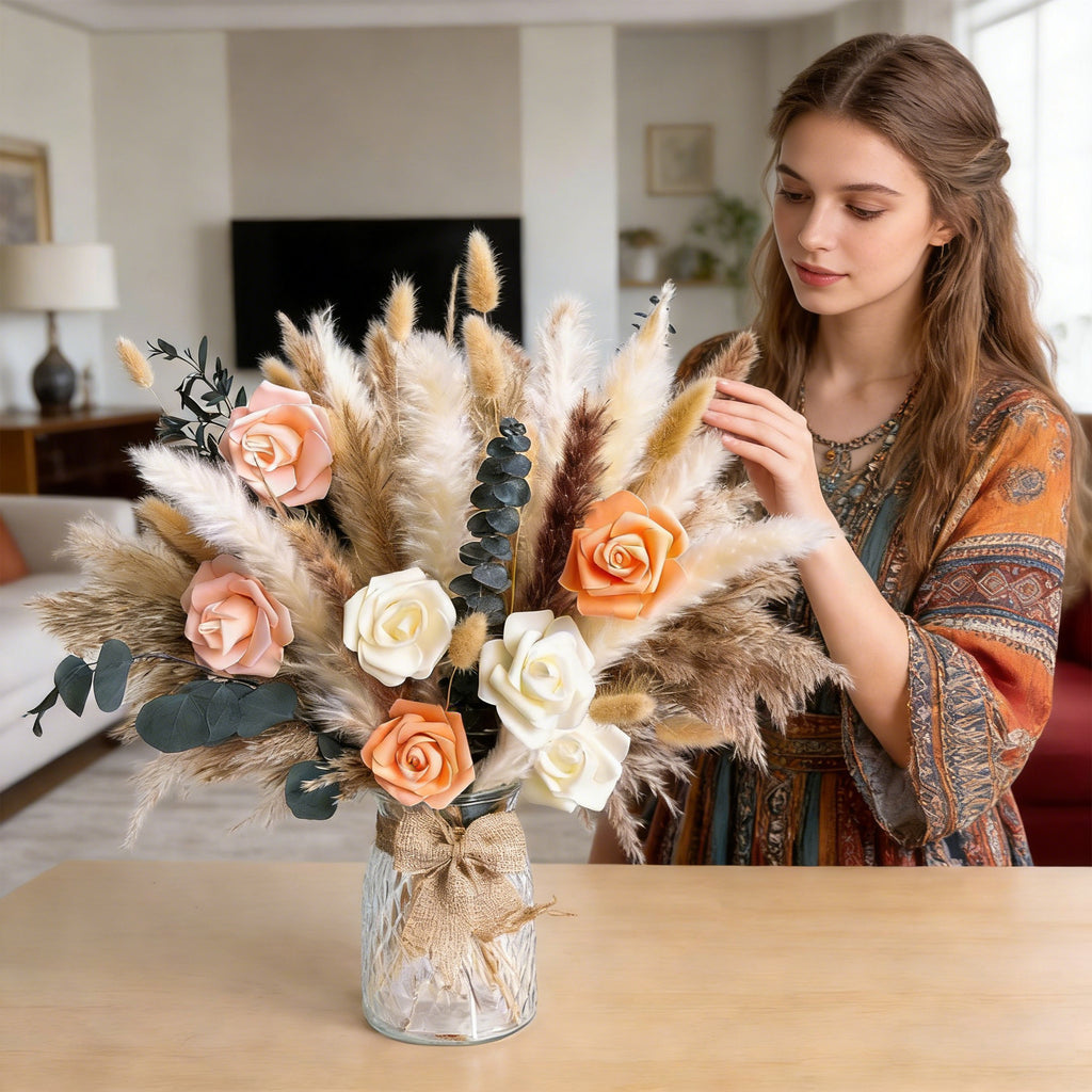 Artificial Plants - Boho Dried Flower Bouquet - Decorative Indoor Arrangement