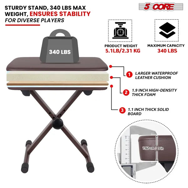5 Core Clavier Banc 3 pouces rembourré Tabouret de piano hauteur réglable Siège de guitare