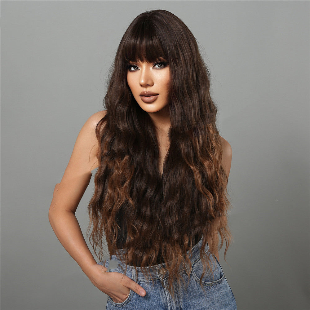 Marron foncé teint Marron clair Bangs Long Curly Perruques Mécanisme Tête