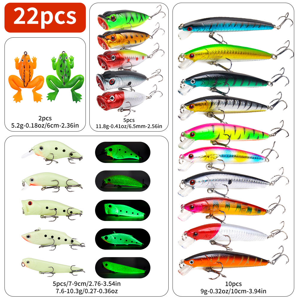 Ensemble de 22 pièces Lure dure Soft Frog Popper Minnow Pencil VIB Luminous Bait Set Crochets durables