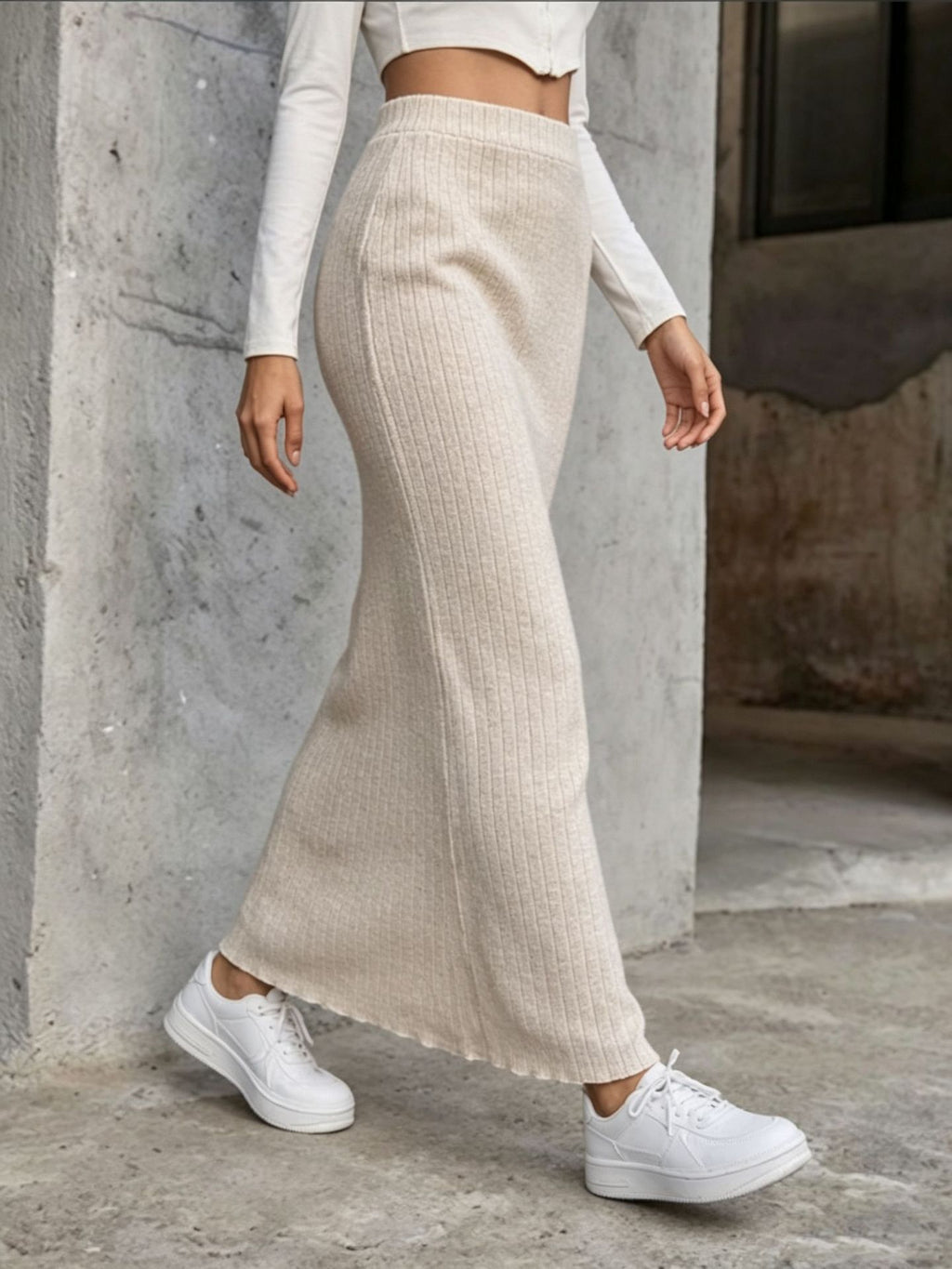 European And American Autumn And Winter Gentle Vertical Stripe tricoté Elastic Waist Comfo