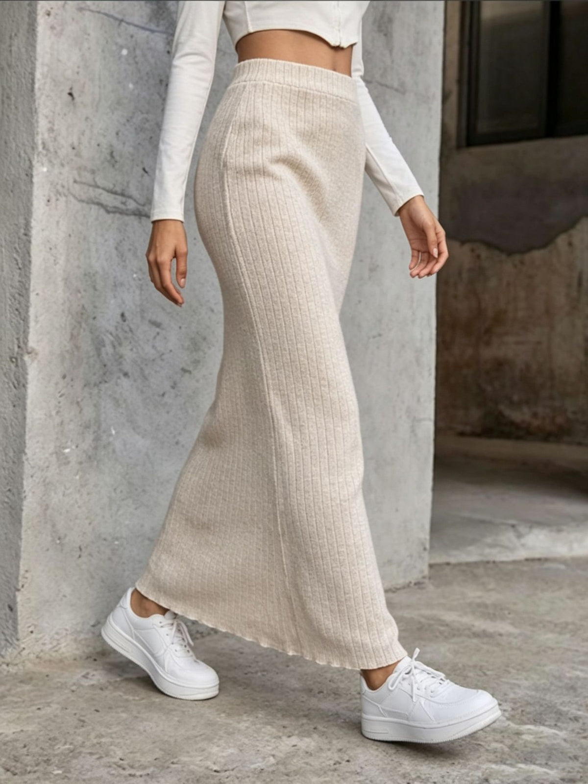 European And American Autumn And Winter Gentle Vertical Stripe tricoté Elastic Waist Comfo