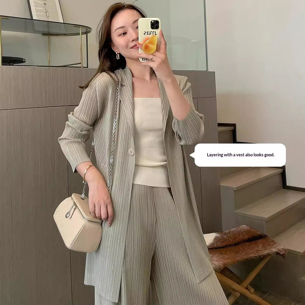 Ensemble de cardigan plissé pour femmes Minimalist Casual Veste et pantalons à manches longues à deux pièces