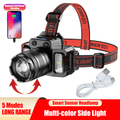 LED Phare télescopique Tête Torche Rechargeable Capteur de Mouvement Phare Zoomable 5 Modes E