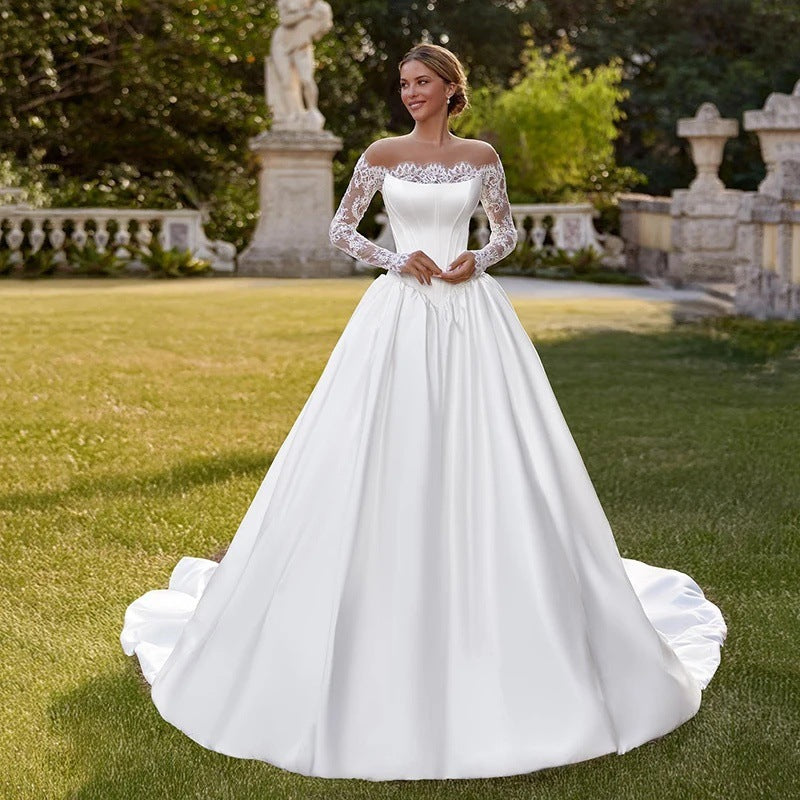 Robe de mariée satinée en dentelle à épaule unique