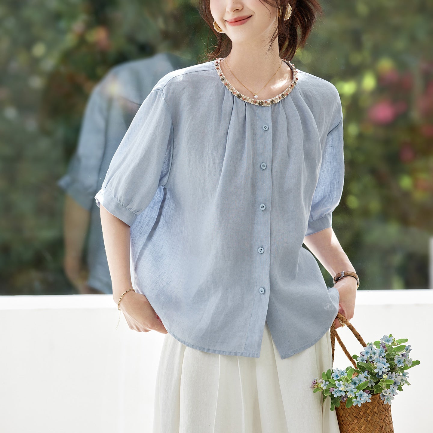 Summer New Arrival Woven Beaded Crew-neck Top