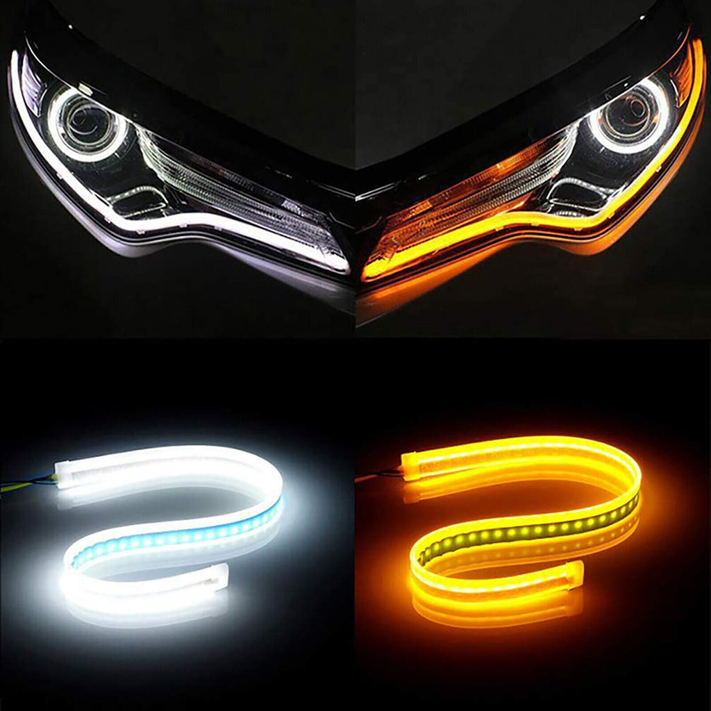 2Pcs 60cm Flexible Switchback LED Bandes lumineuses blanc et ambre DRL Turn Signal 12V IP68 Wate