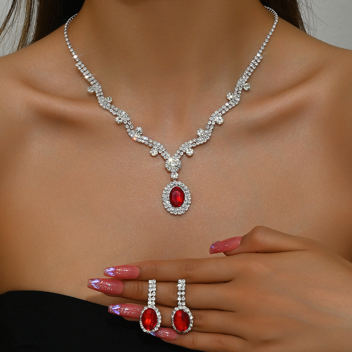 Femmes Simulated Emerald Oval Halo CZ 2Pcs Ensemble de bijoux