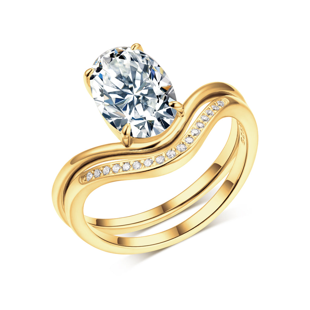 S925 Argent plaqué or 2.5ct Ovale Moissanite bague de mariage 7x10mm D Couleur VVS1 Wave Pav