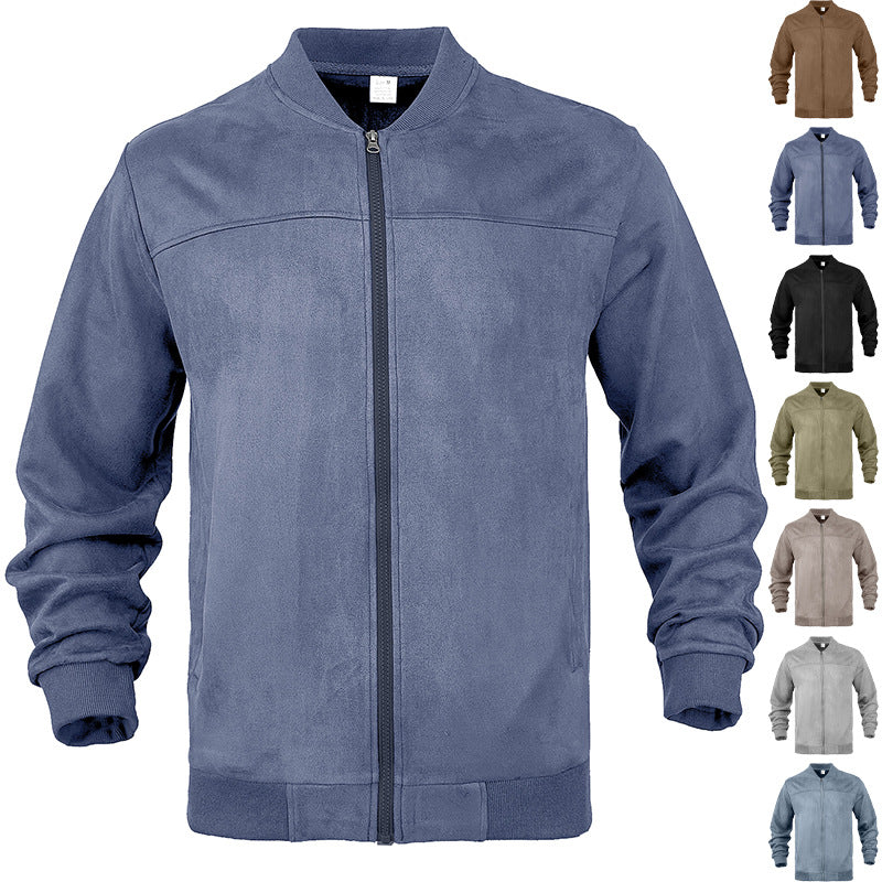 European And American Men's Suede Solid Color Casual Sports Stand Collar Zipper Jacket Plu