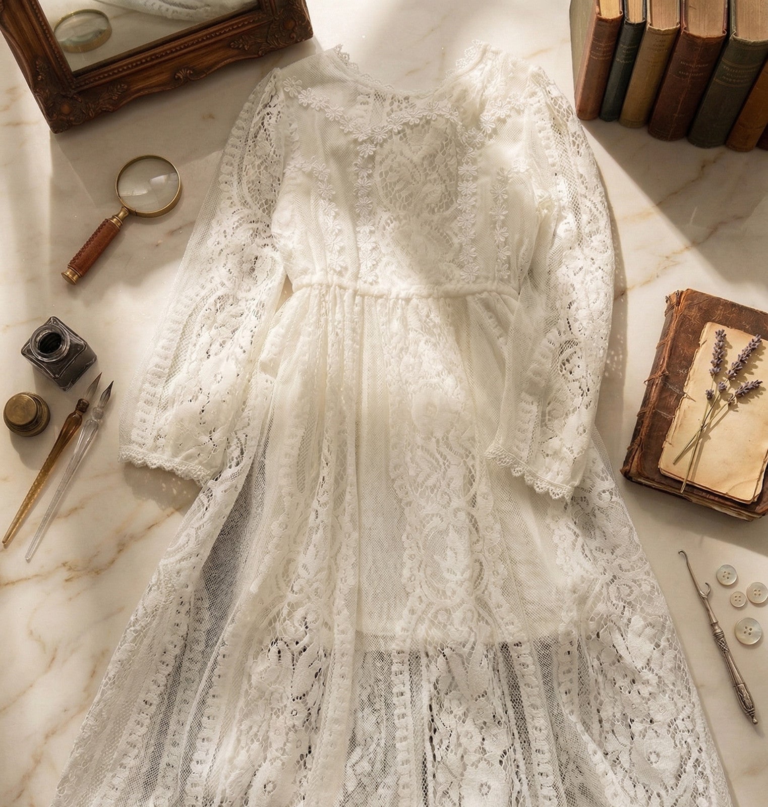 Robe de fée en dentelle blanche vintage pour les filles extra longue jupe 2-4Y