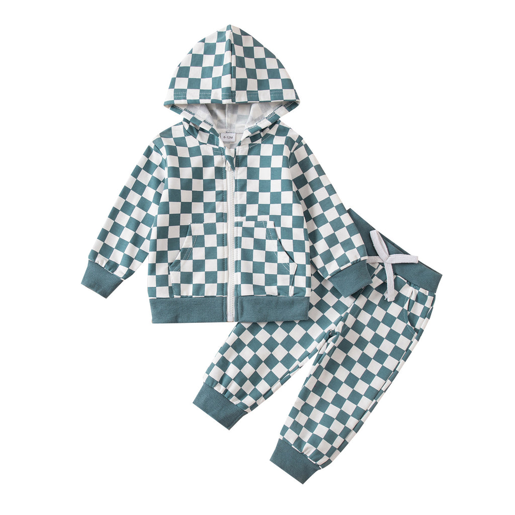 Ensemble deux pièces à capuche zippée avec manches longues et pantalons assortis disponibles en deux couleurs