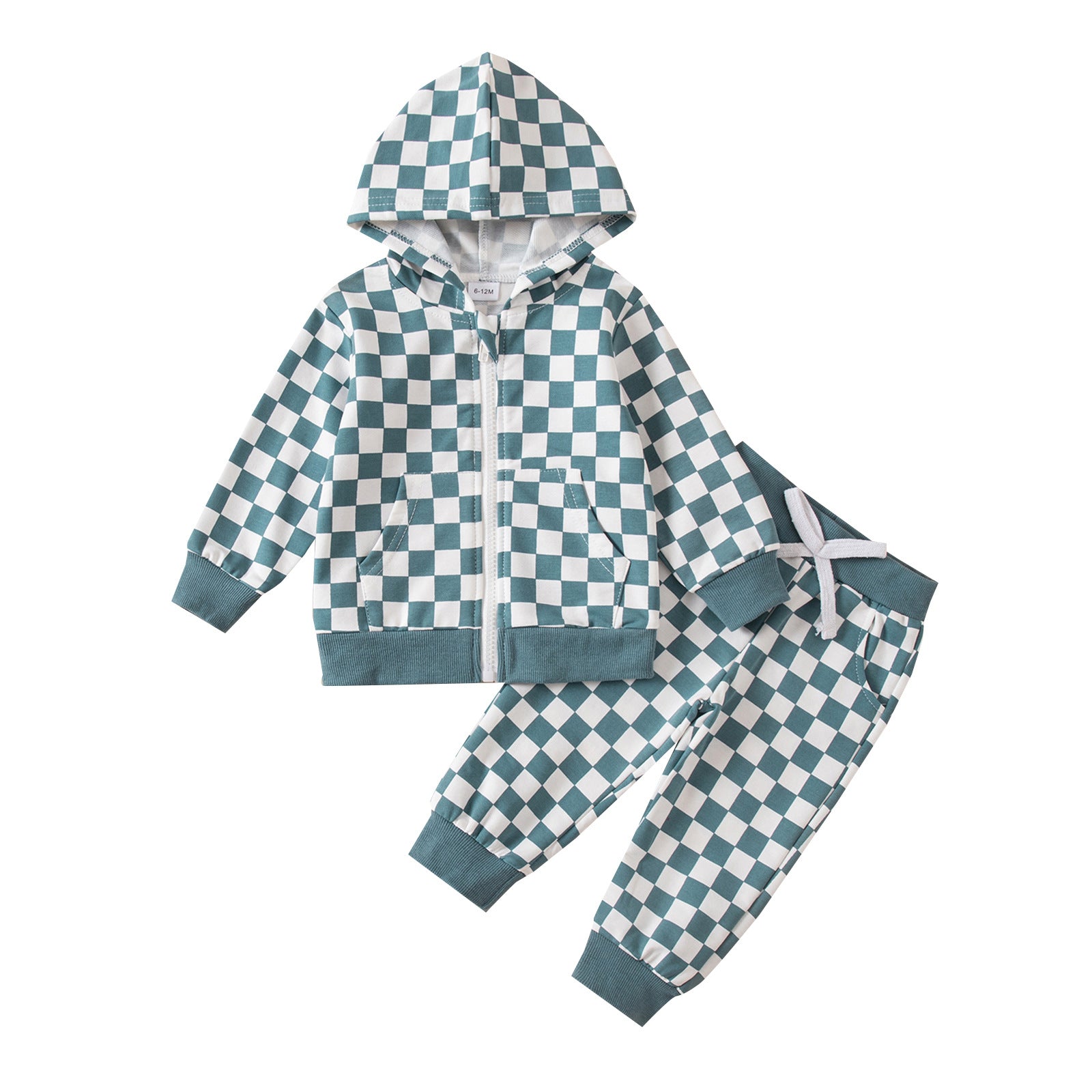 Ensemble deux pièces à capuche zippée avec manches longues et pantalons assortis disponibles en deux couleurs