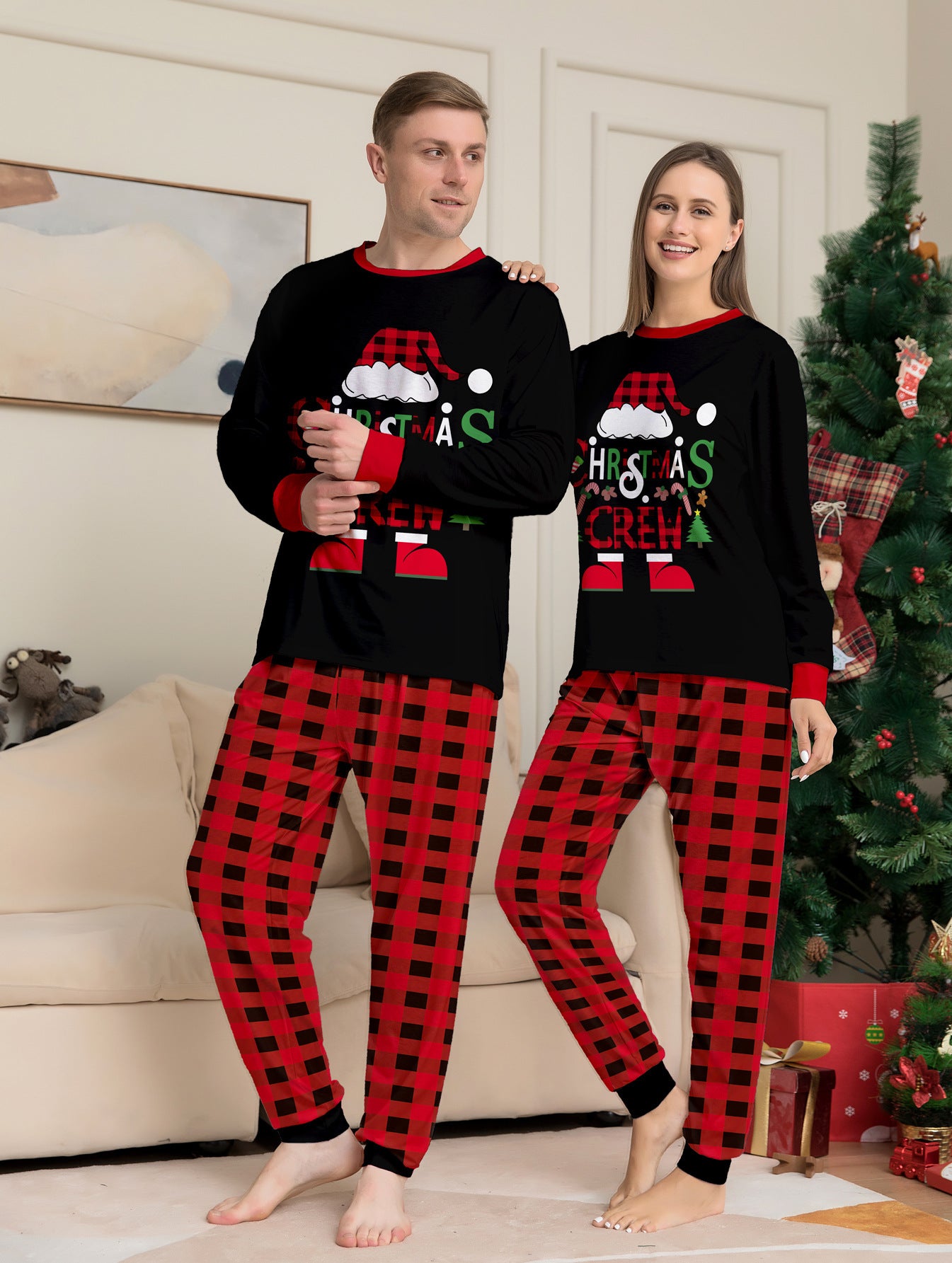 Chapeau de Noël Lettres de dessins animés Plaid rouge et noir imprimé costume de Noël