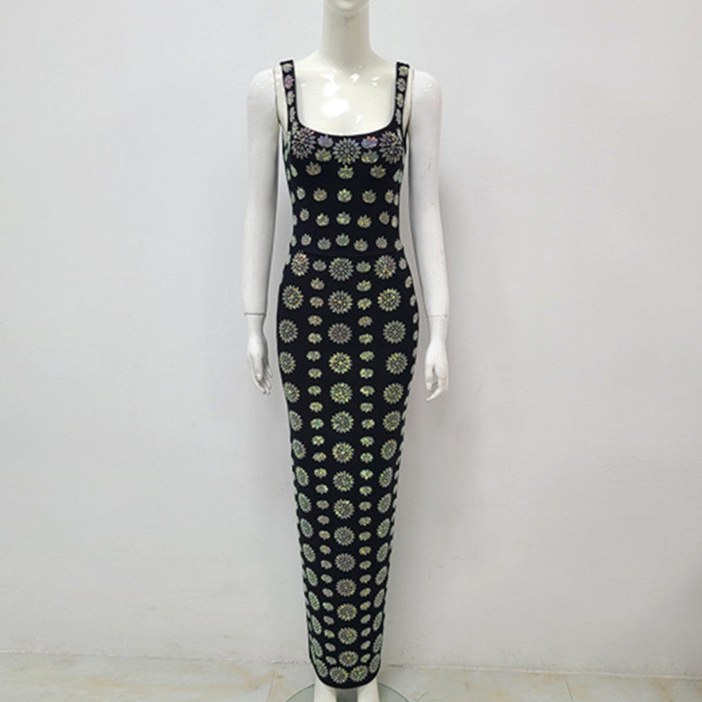 Robe de soirée à col U noir sans manches Strass Élégante robe de bandage mince