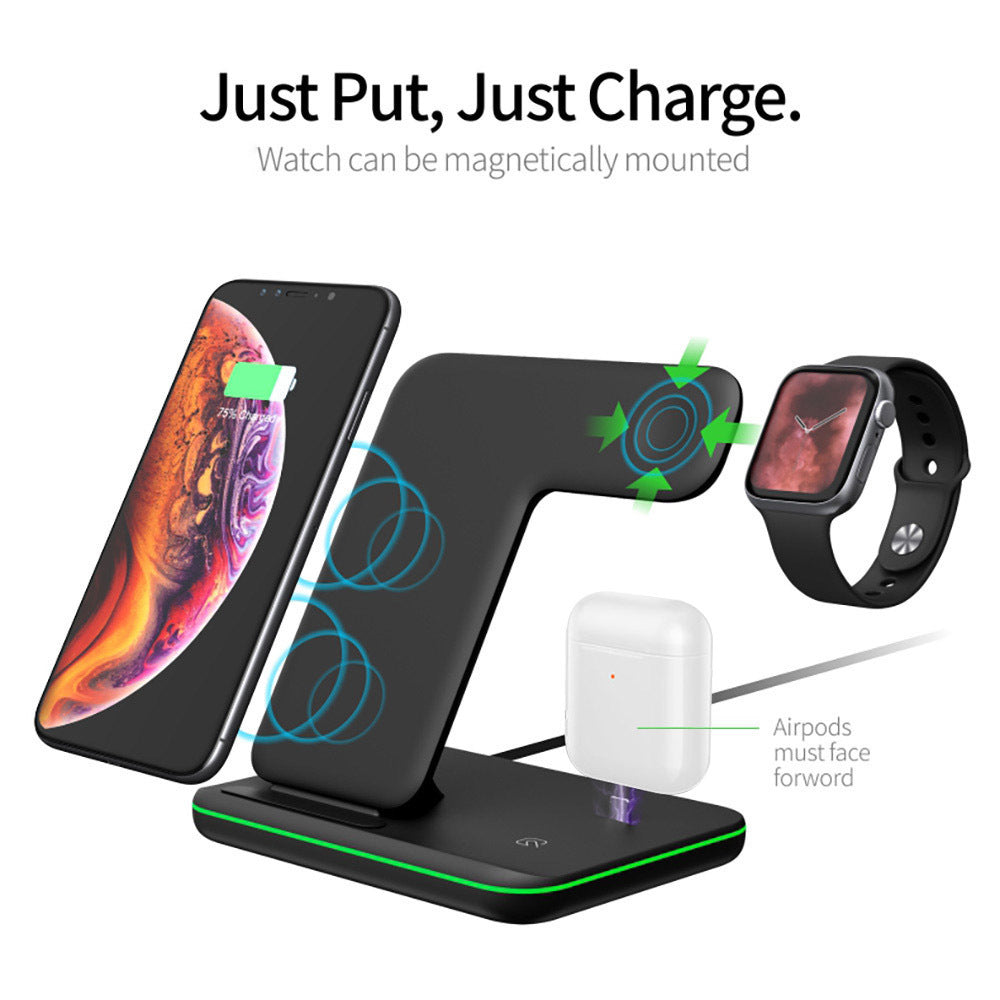 Chargeur vertical de radiotéléphonie mobile sans fil à trois en un