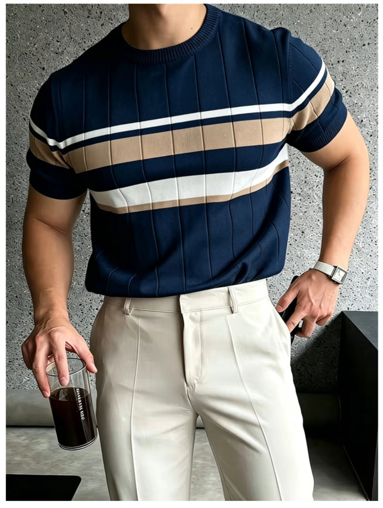 Couleur-Block rayés hommes tricoté manches courtes supérieur casual