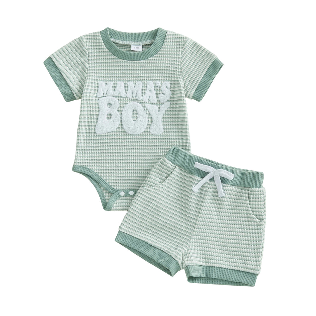 Bébé garçon rayé Brodé MAMA Romper et shorts ensemble deux pièces