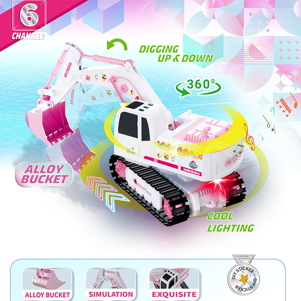 Pink Remote Control Excavator Toy Rechargeable Tracked Construction Vehicle with Lights and Sounds