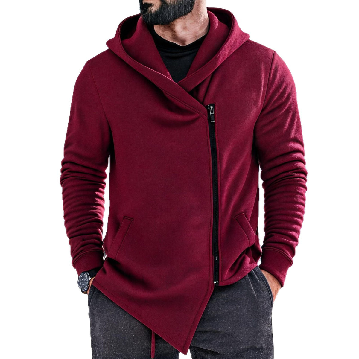 Hoodie hommes doublée de polaire avec une fermeture éclair inclinée
