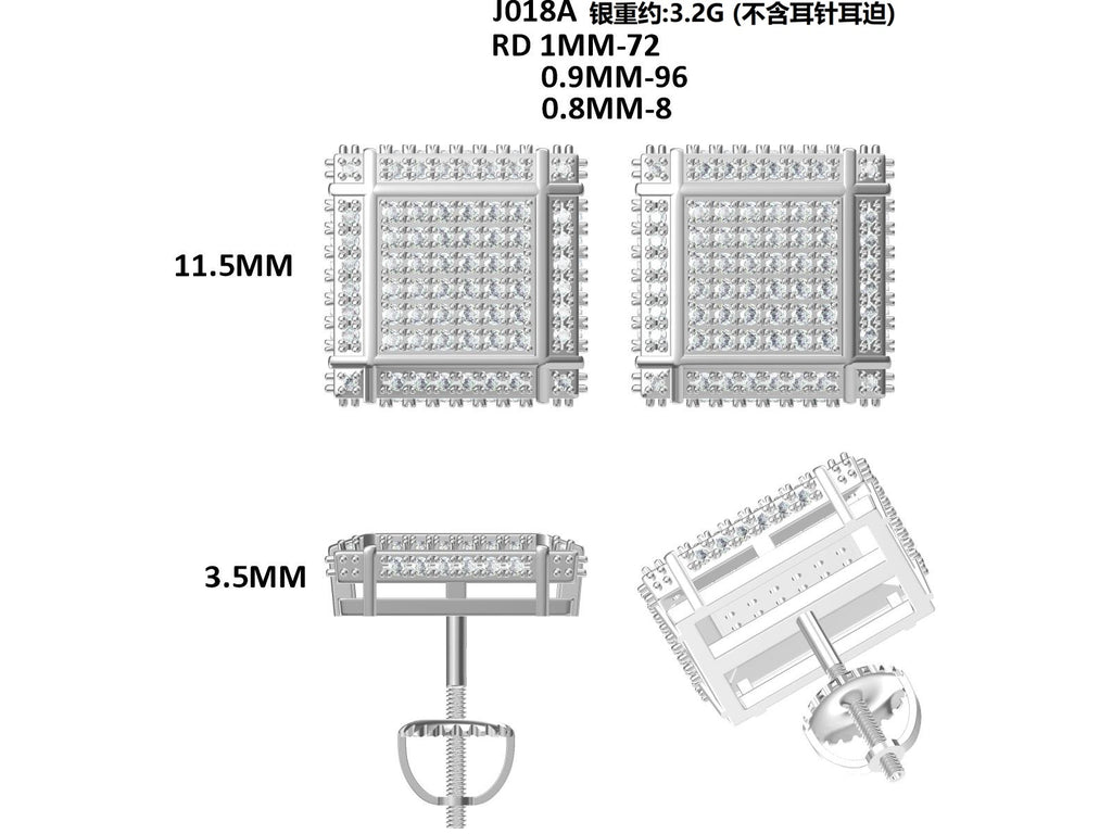 S925 Argent Sterling 176pcs D Couleur VVS1 Moissanite Boucles d'oreilles carrées 3D 11,5mm Vis arrière H