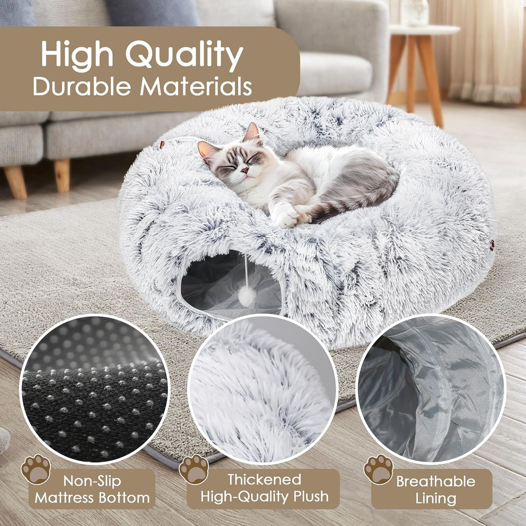 Lit Tunnel Cat pour Chats Intérieurs Peekaboo Cat Cave avec Lavable Soft Play Mat Furry Cat Tub