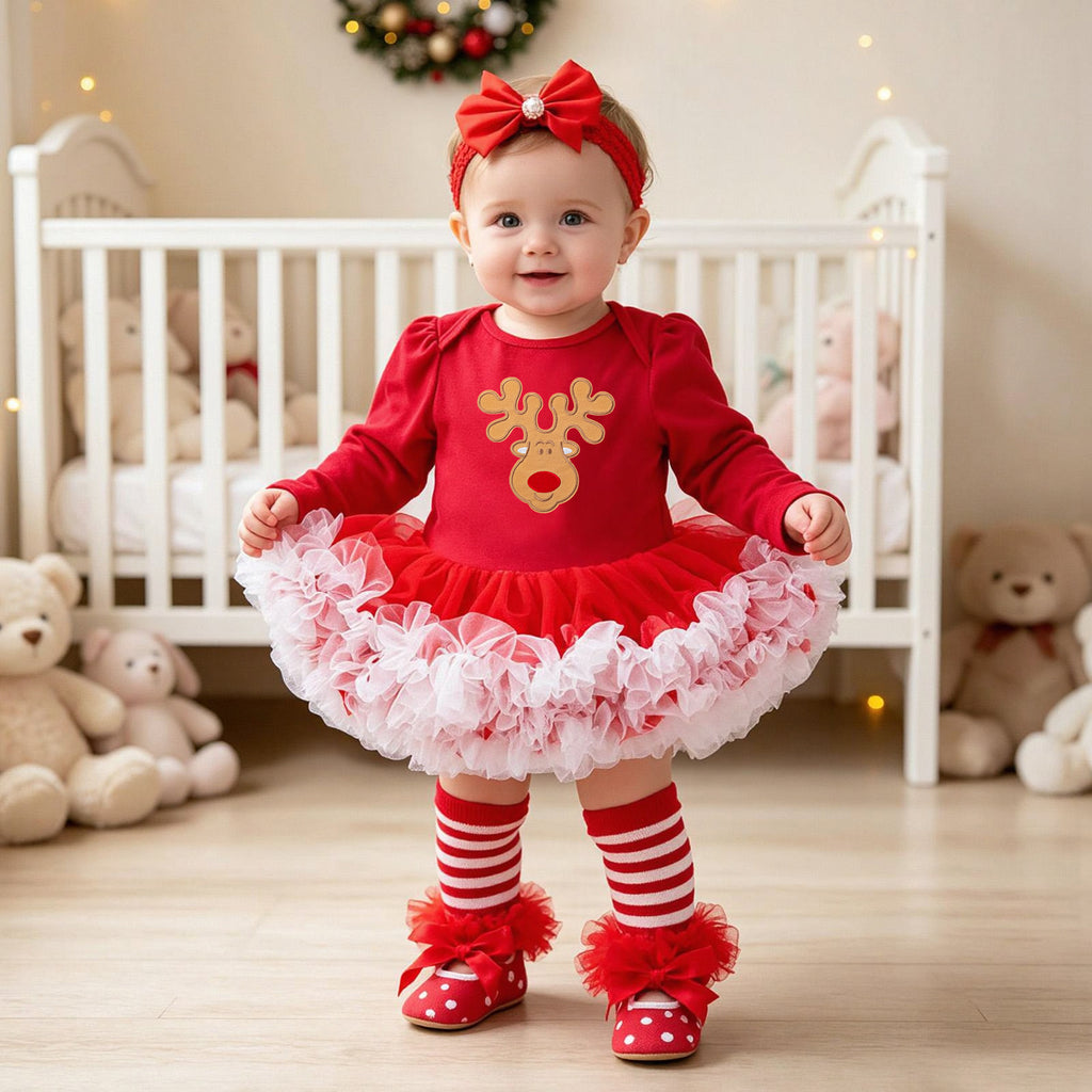 Bébé Noël à manches longues Robe de Romper rouge Tulle Une pièce Ensemble de quatre pièces