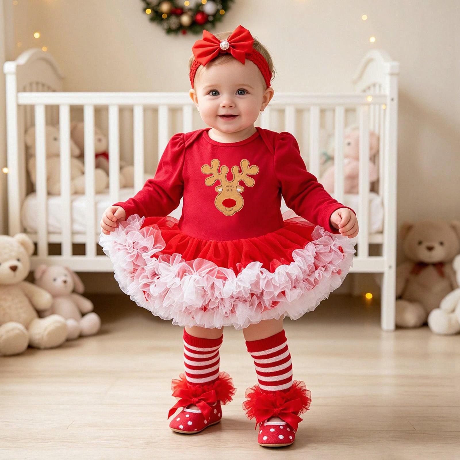 Bébé Noël à manches longues Robe de Romper rouge Tulle Une pièce Ensemble de quatre pièces