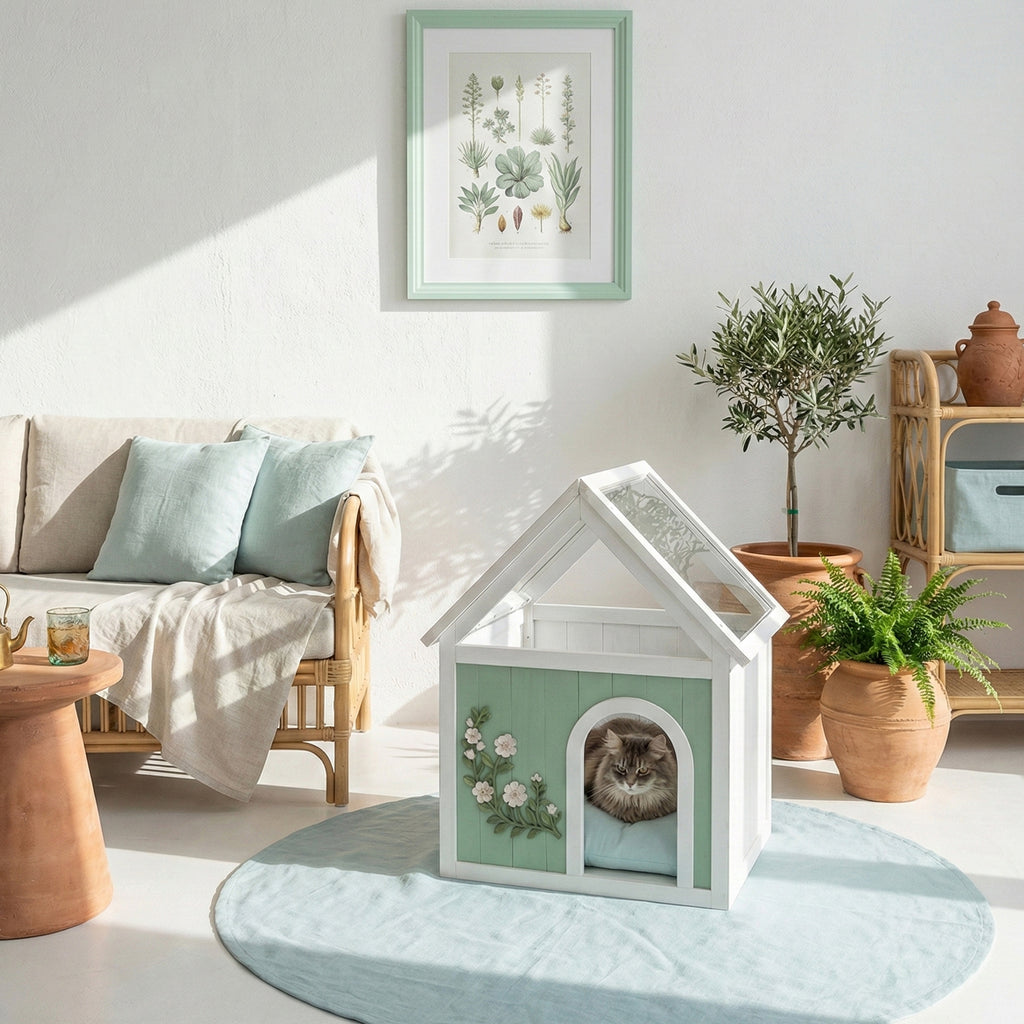 SAGE Cèdre certifié FSC Maison de chat intérieure avec toit en acrylique clair – Maison de chat en bois pour S