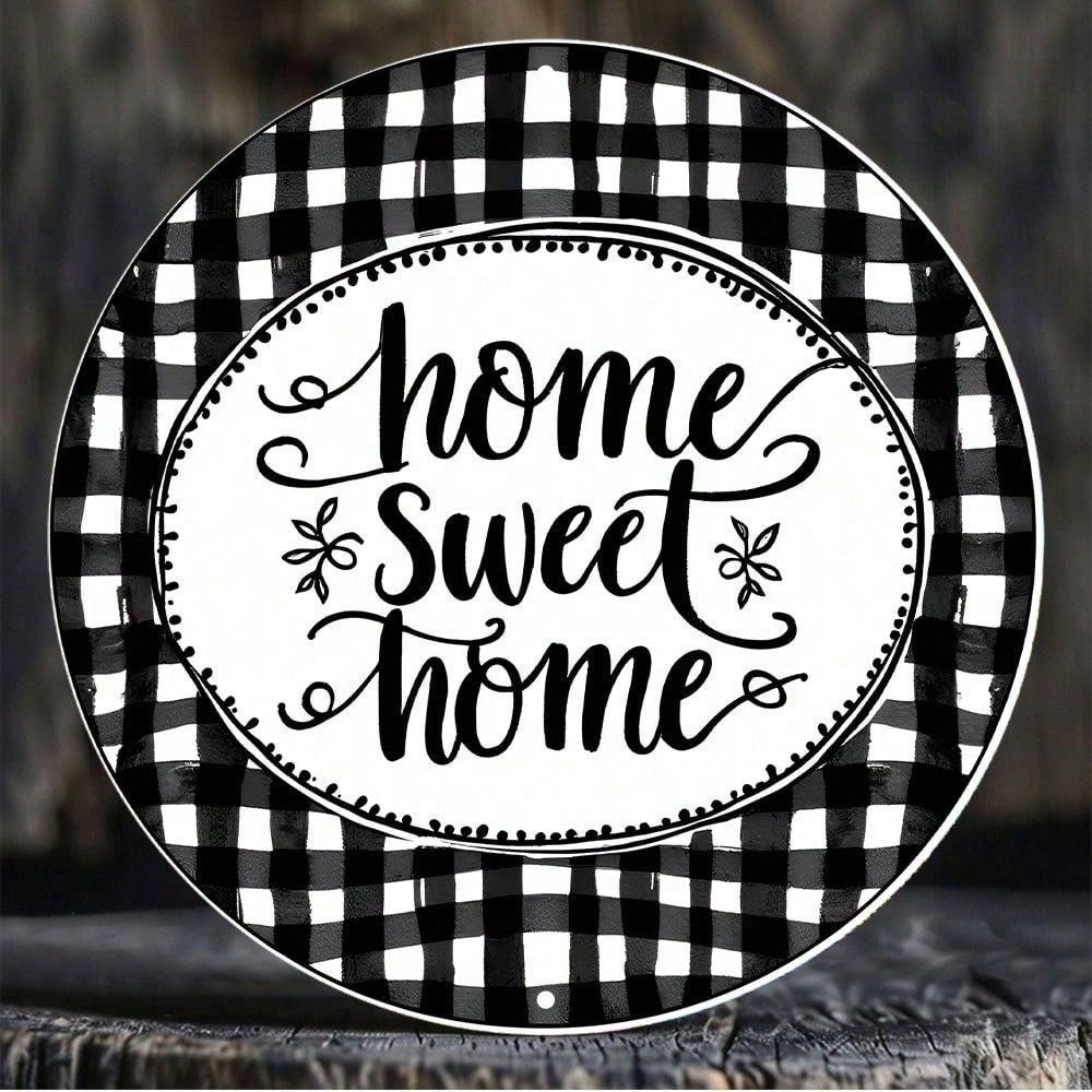 Black and White Checkered Home Sweet Wreath Round Metal Sign 8in