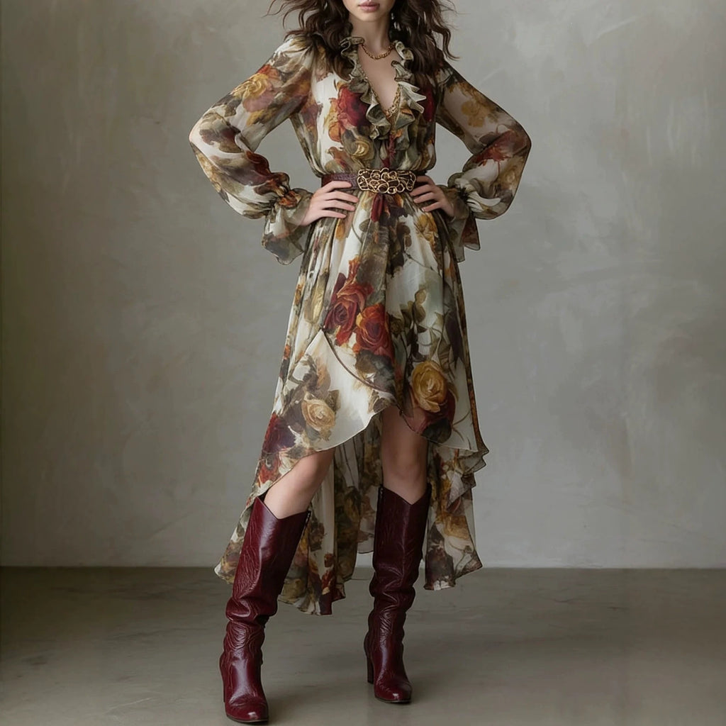 Robe asymétrique à manches longues à col V volant imprimé