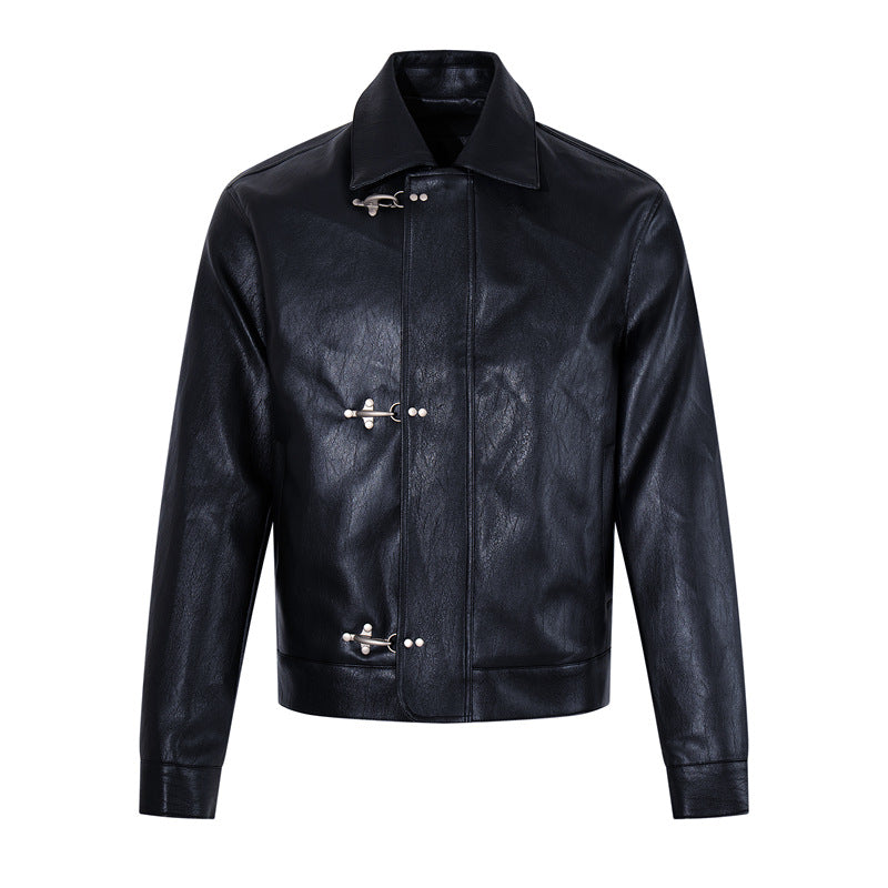 Veste de motard en cuir brillant Slim-Fit Faux avec fermeture à boucle vintage