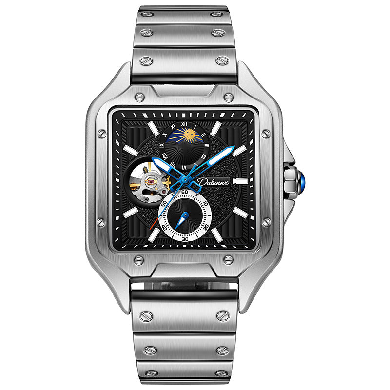 Flywheel étanche Hollow Out Trendy hommes Square Montre mécanique automatique