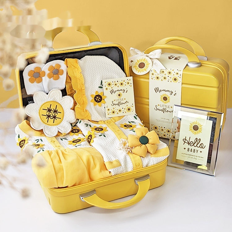 Ensemble cadeau bébé pour les nouvelles-nées avec une robe de tournesol jaune