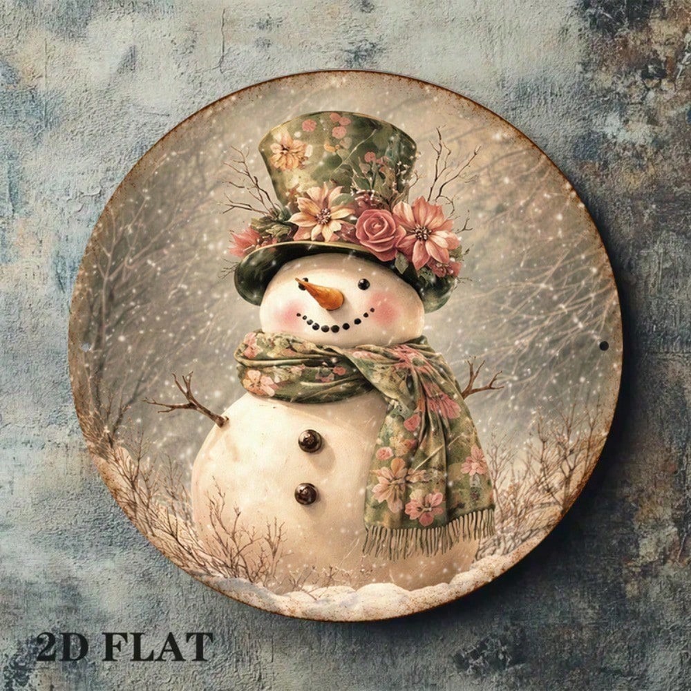 Vieux Snowman rond panneau 8x8in mignon hiver vacances décoration mur