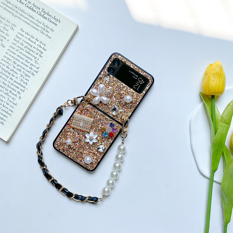 Femelle Fleur Sequin Strass Pearl Écran pliable Flip Case téléphone