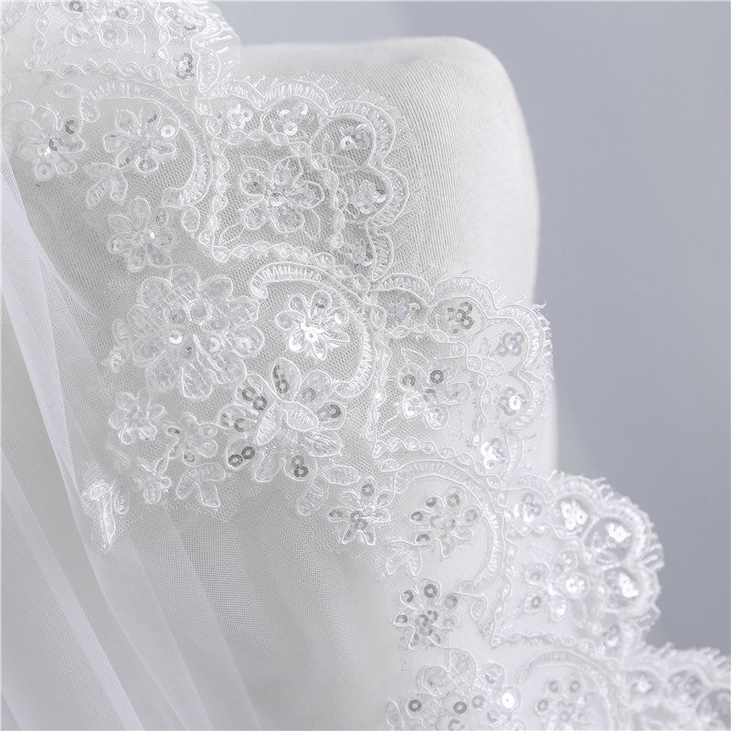 Short Veil Soft Mesh Dentelle pailletée Blanc Ivoire