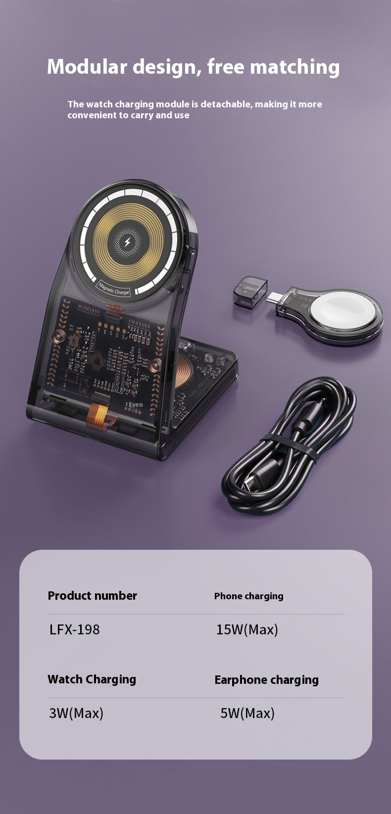 Support magnétique électrique transparent pour chargeur sans fil trois en un